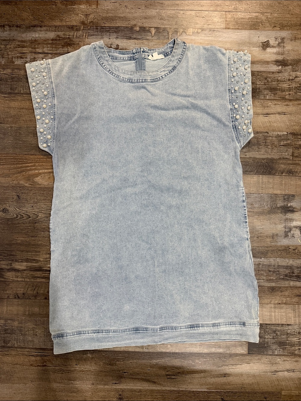 Entro Pearl-Embellished Light Wash Denim Tee